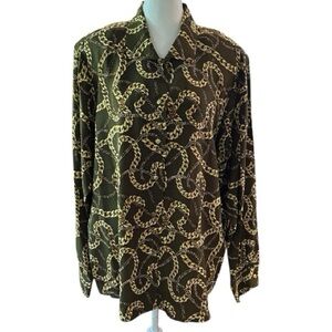 Linea by Louis Dell'Olio Olive and Gold Chain Print Blouse 100% Silk LS Buttonup